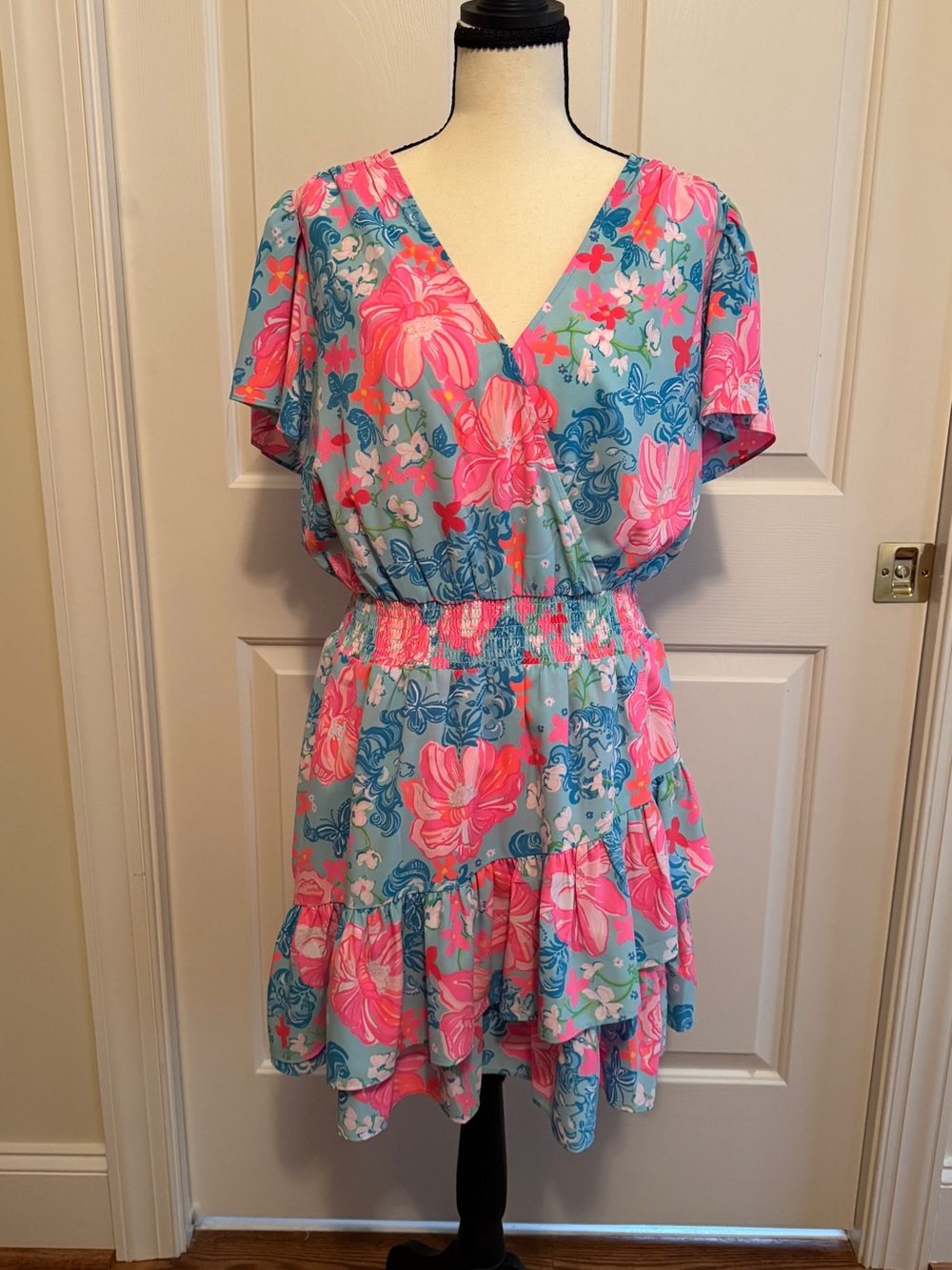 Lilly Pulitzer Floral Wrap-Style Dress in Turquoise and Pink